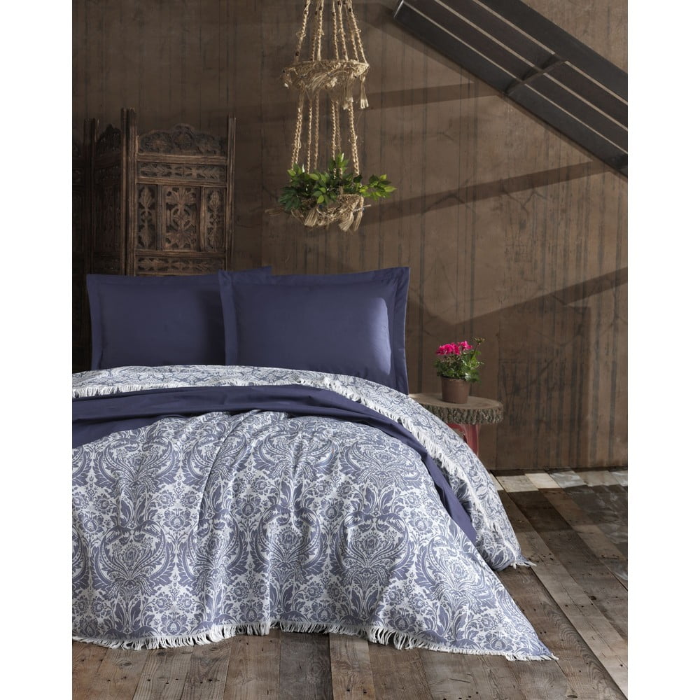 Tmavomodrý bavlnený pléd na dvojlôžko EnLora Home Nish Dark Blue 240 × 260 cm