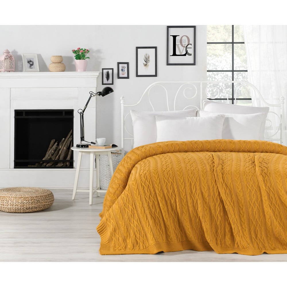 Horčicovožltá prikrývka cez posteľ Knit 220 x 240 cm