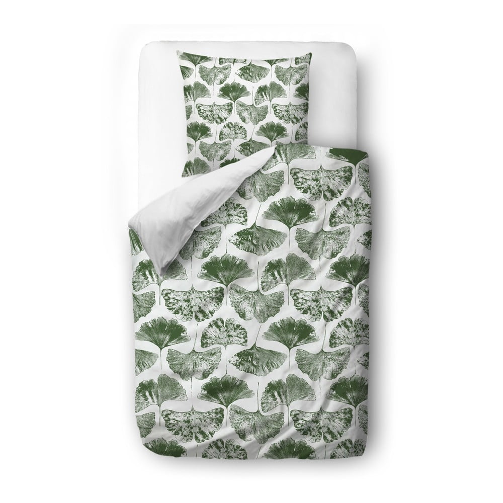 Zeleno-biela bavlnená saténová posteľná bielizeň Butter Kings Ginkgo Biloba 140 x 200 cm