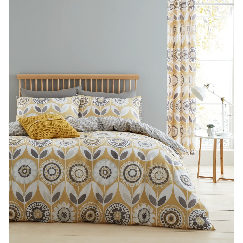 Žlto-sivé posteľné obliečky Catherine Lansfield Annika 135 x 200 cm
