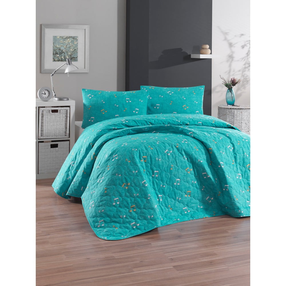 Zelená prikrývka cez posteľ s 2 obliečkami na vankúš z ranforce bavlny EnLora Home Snoker 225 x 240 cm