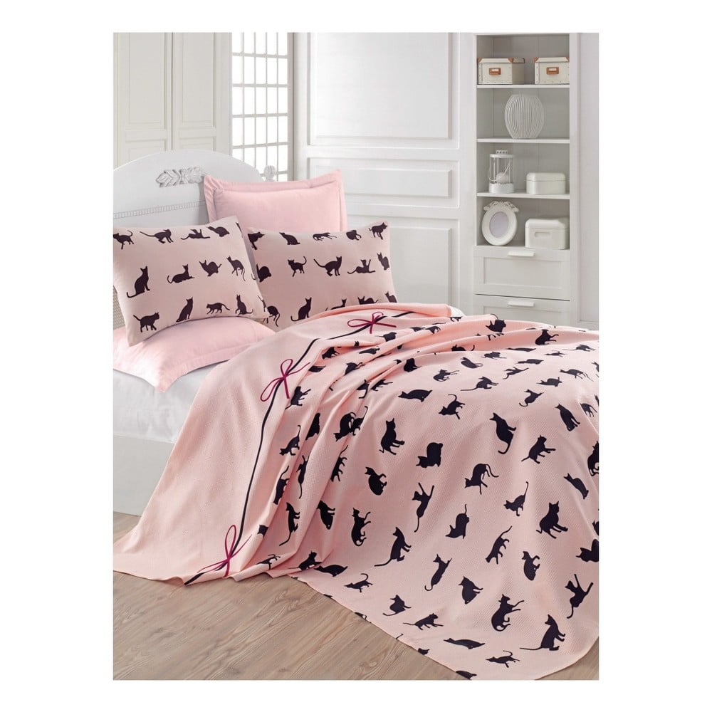 Ružová prikrývka cez posteľ Eponj Home Cats 160 x 230 cm