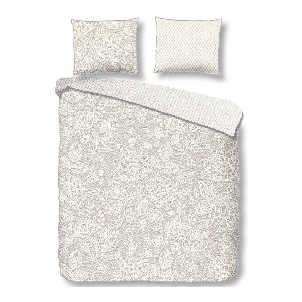 Bielo-sivé posteľné obliečky z bavlneného saténu Descanso Lily 140 x 220 cm