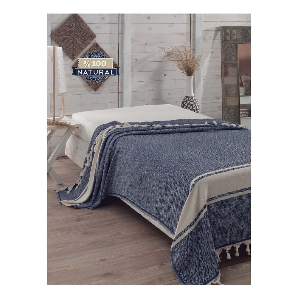 Tmavomodrý bavlnený pléd cez posteľ Elmas Dark Blue 200 x 240 cm