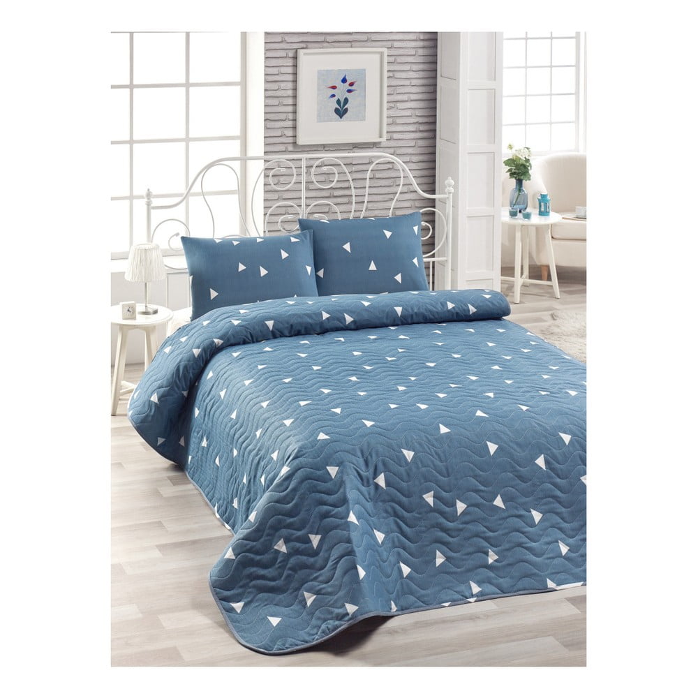Set modrej bavlnenej prikrývky cez posteľ a 2 obliečok na vankúše Lesso Duro 200 × 220 cm