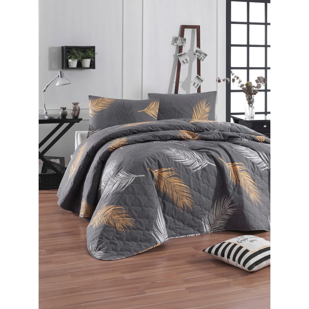 Sivá prikrývka cez posteľ s obliečkou na vankúš z ranforce bavlny EnLora Home Olivia 180 x 225 cm